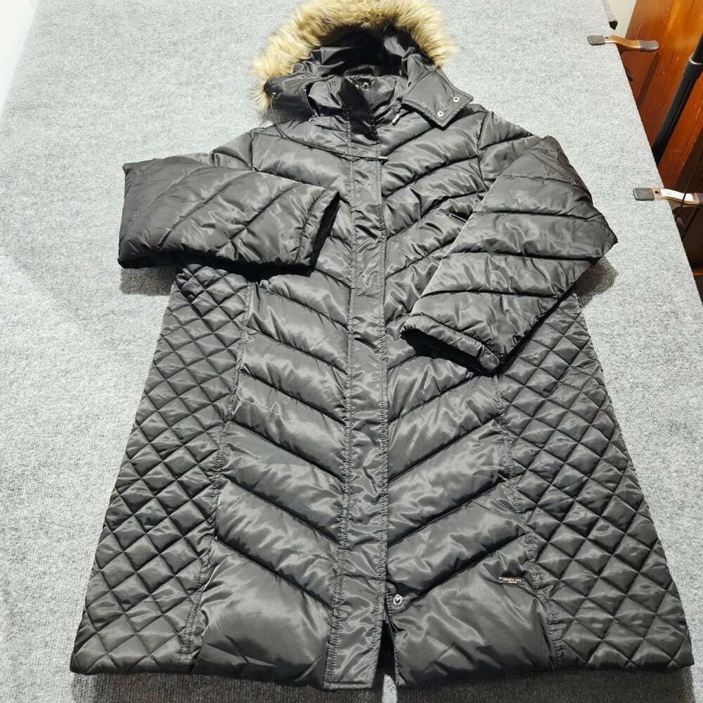 Kenneth Cole Quilted Puffer Coat Size 1X/TG Black Hooded Fur Trim